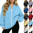 thumbnail image 2 of Full Zip Up Sweatshirt Women No Hood Oversized Loose Casual Long Sleeve V Neck Jacket Fall Winter Sweatshirt Sky Blue XXXL, 2 of 8