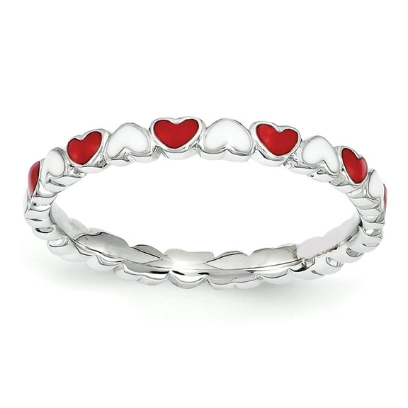 Sterling Silver Red & White Enamel Heart Ring