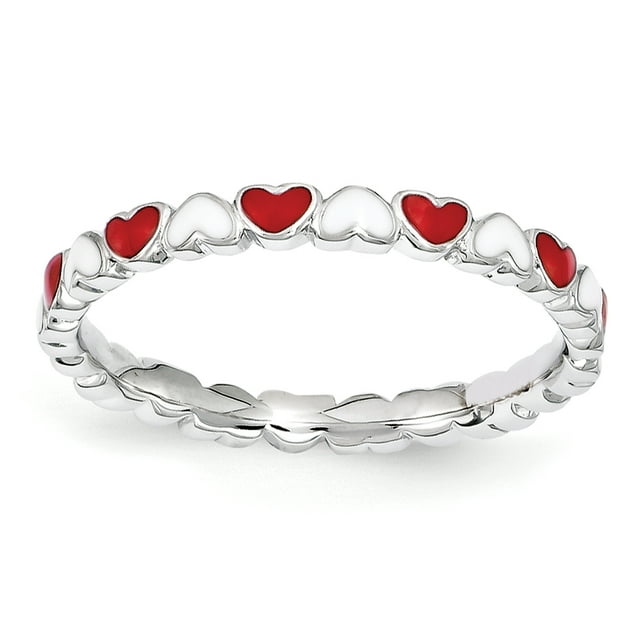 Bague en Argent Sterling Stackable Expressions Rouge & Blanc Émail Cœur Taille 10