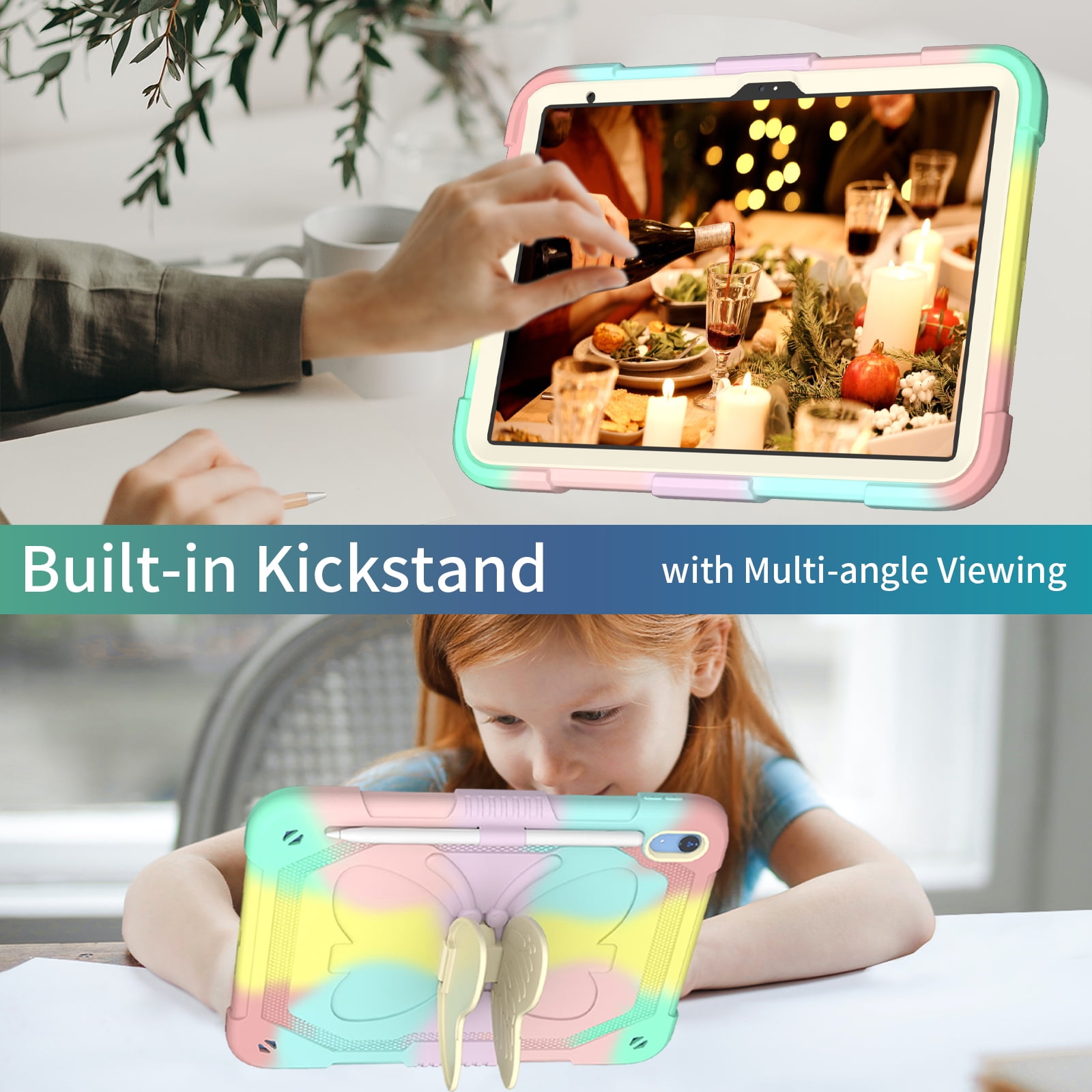 iPad 10th Generation 10.9 Inch 2022 Case with Kickstand Butterfly Wings Pencil Holder, TECH CIRCLE Heavy Duty Hard Rugged Protective Kids Girls Cover for iPad 10th Gen 10.9 Inch 2022,Colorful/Rosegold
