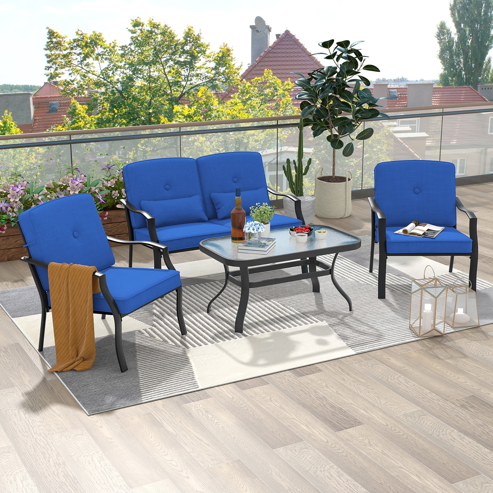 Gymax 2 PCS Patio Metal Chairs Outdoor Dining Seat Heavy Duty w/ Cushions Garden Blue