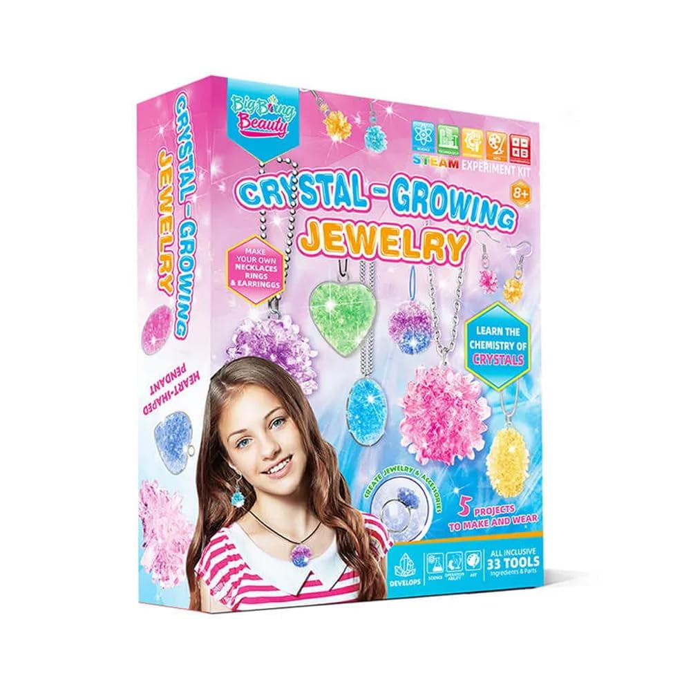 LIVEVIE Crystal Growing Jewelry Kit, Create 6 Jewelry Pieces for Kids - DIY Sparkling Pendants, Necklaces & Earrings Educational Science Kit for Hands-On Learning & Creativity