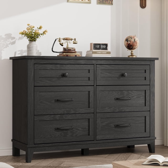 Solution de Rangement Spacieuse Commode à 6 Tiroirs pour Chambre – Coffre en Bois Style Ferme Moderne, Grand Organisateur Autoportant pour Garde-Robe, Chambre de Bébé, Salon, Entrée, Meuble Télé – Couleur : Noir