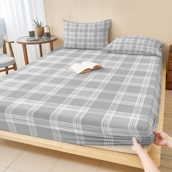 Full Size Fitted Sheet Set - Gray Checkered 3 Piece Bedding Sets 16" Deep Pocket Fitted Sheet with 2 Pillowcases, Modern Farmhouse Grey Buffalo Plaid Brushed Microfiber Hotel Luxury Bed Sheets