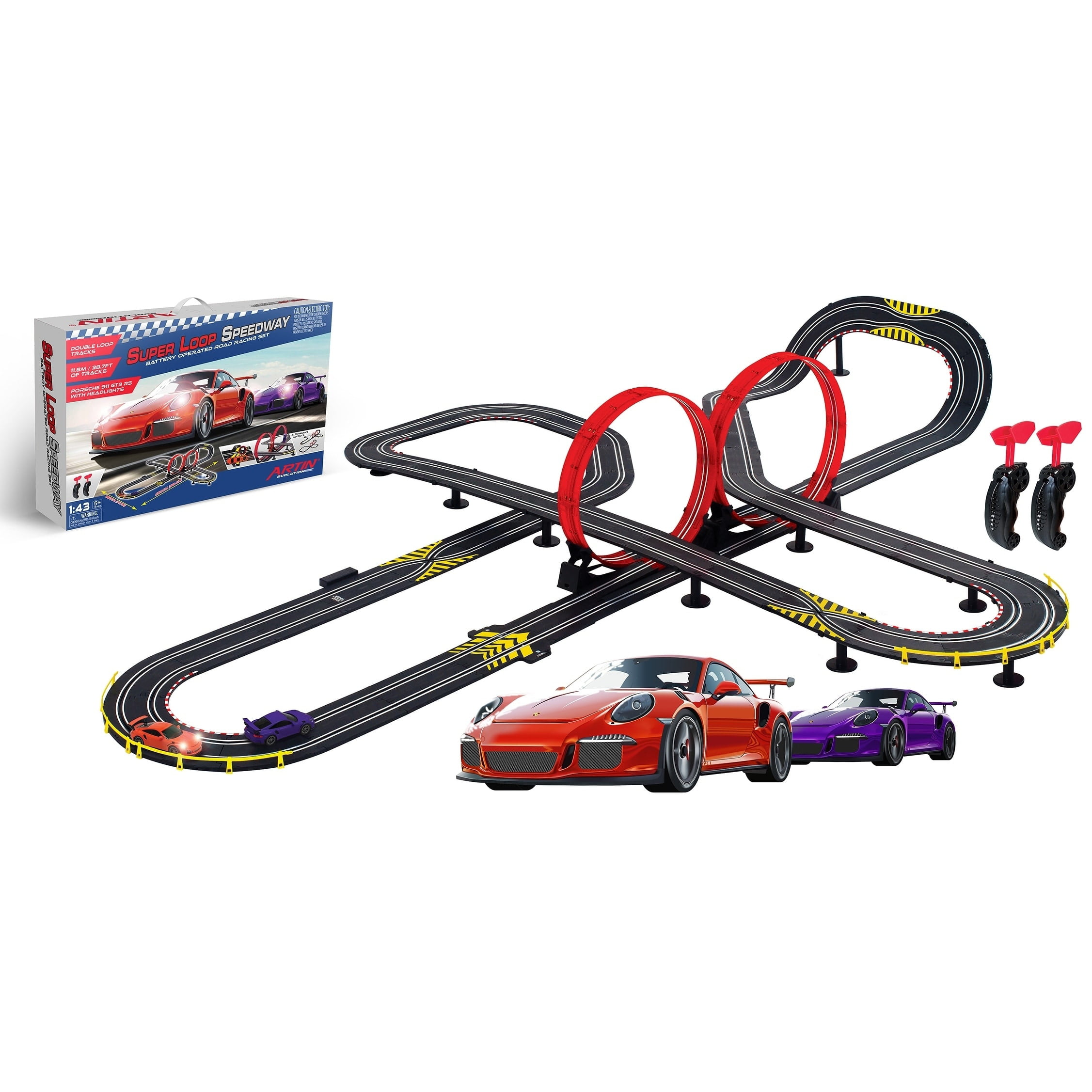 Kid Racing Car Track Set 2 Slot Car Controllers Loops Turn Racecar Fast Game 