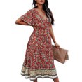 thumbnail image 3 of Enjiwell Women's Bohemian Print V Neck Ruffle Short Sleeve Beach Midi Dress, 3 of 5