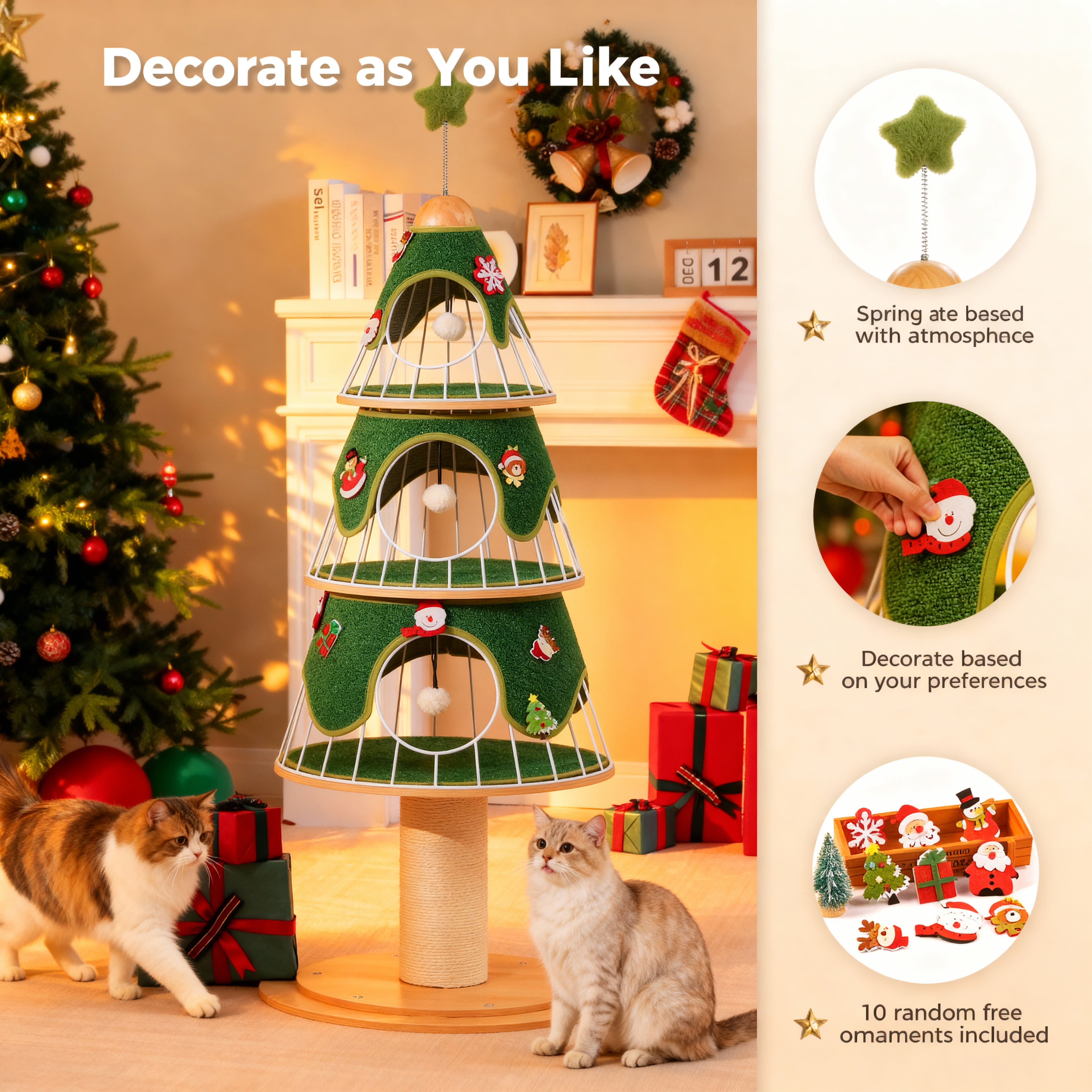PAWZ Road 51.2" Christmas Cat Tree for Indoor Cat Modern Cat Tower with 3 Cat Condos and Scratch Post, Green