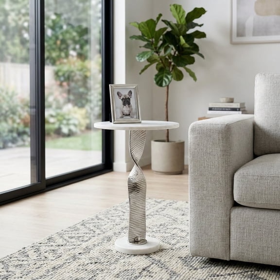 Modern End Table, Side Table, or Small Night Stand for Home Decor - Twisted Metal Pedestal Bedside Table with Round Marble Top for Small Spaces - Accent Table for Bedroom or Living Room - 24" Silver
