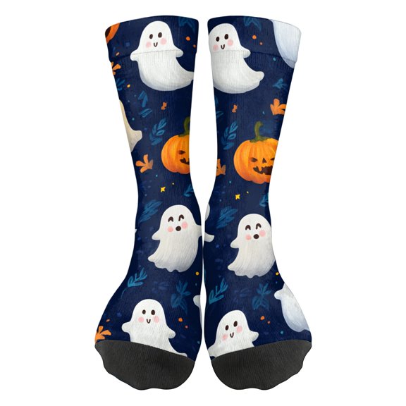 Fabrcox Halloween Socks for Women Men Funny Ghost Pumpkin Socks Full Moon Graphic Spooky Novelty Mid Calf Crew Socks for Men Blue