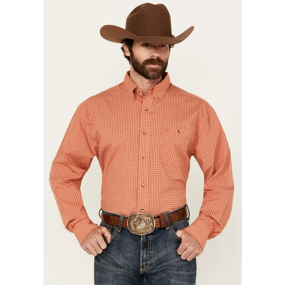 Wrangler Men's George Strait By Plaid Print Long Sleeve Button-Down Stretch Brick Red