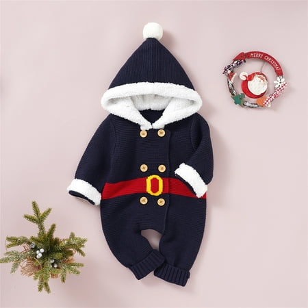

KaLI_store Boy Girl Christmas Knitted Sweater Baby Winter Warm Hooded Jumpsuit Boy Pullover