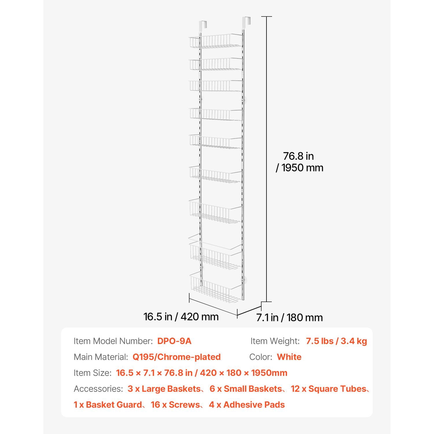 9-Tier Over The Door Pantry Organizer, Heavy-Duty Steel, Adjustable Baskets, 29.8 lbs Capacity, White, for Kitchen Laundry Bathroom