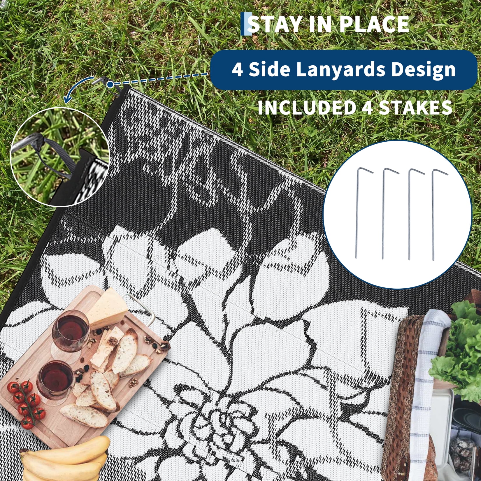Nanan 9x12ft Outdoor Rug Waterproof Reversible Plastic Straw Patio Rug, UV Resistance Portable Floral Camping Carpet for Deck, Porch, Balcony, Backyard, Black White
