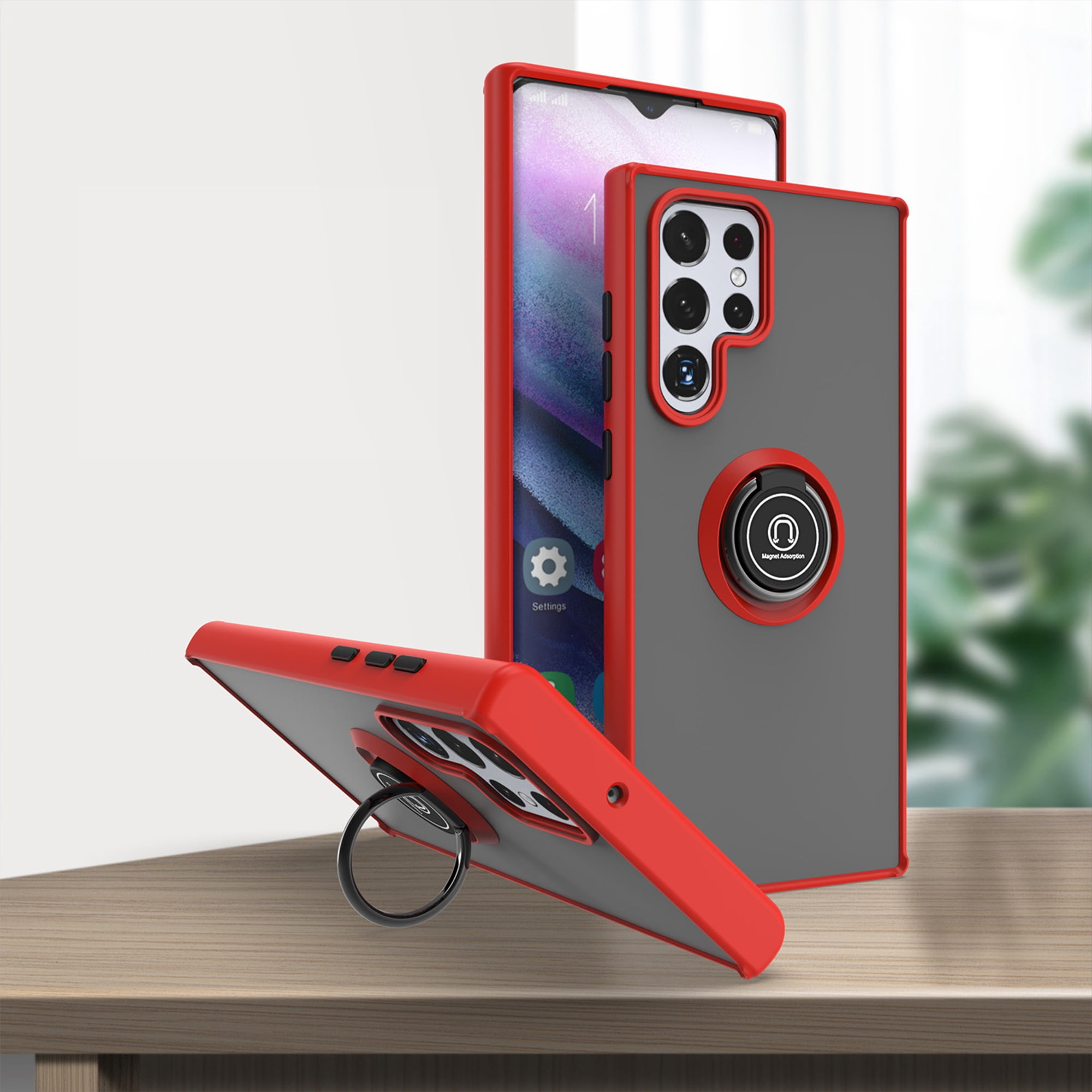 Dteck Samsung Galaxy S22 Ultra Case, Shockproof Ring Holder Kickstand Case Support Magnetic Car Mount Heavy Duty Military Grade Drop Cover, Red