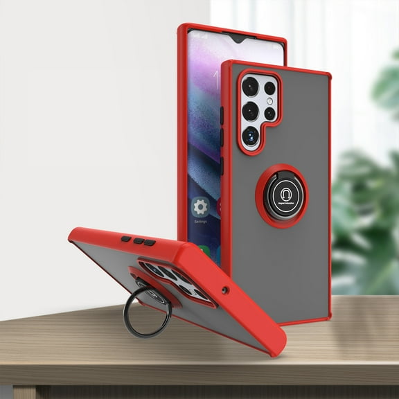Dteck Samsung Galaxy S22 Ultra Case, Shockproof Ring Holder Kickstand Case Support Magnetic Car Mount Heavy Duty Military Grade Drop Cover, Red