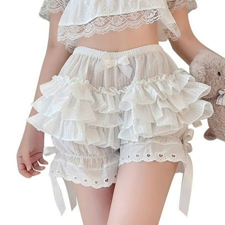 Women Lolita Ruffled Pumpkin Shorts Pants Retro Plaid Print Sweet Bow Bloomers Multi Layered Lace Trim Safety Underpants