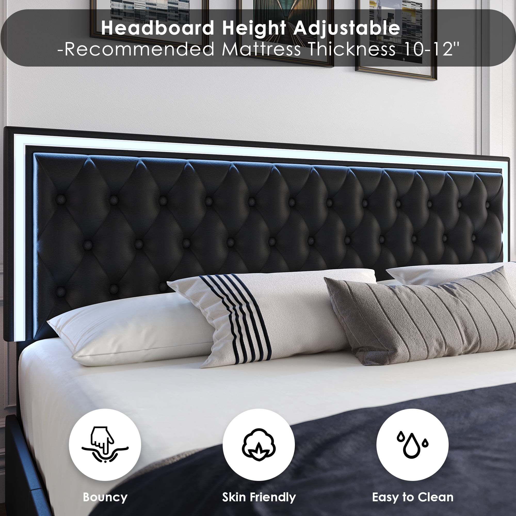 Homfa Queen LED Bed with 4 Drawers, LED Lights Platform Storage Bed Frame with Upholstered Adjustable Button Tufted Headboard, PU Black