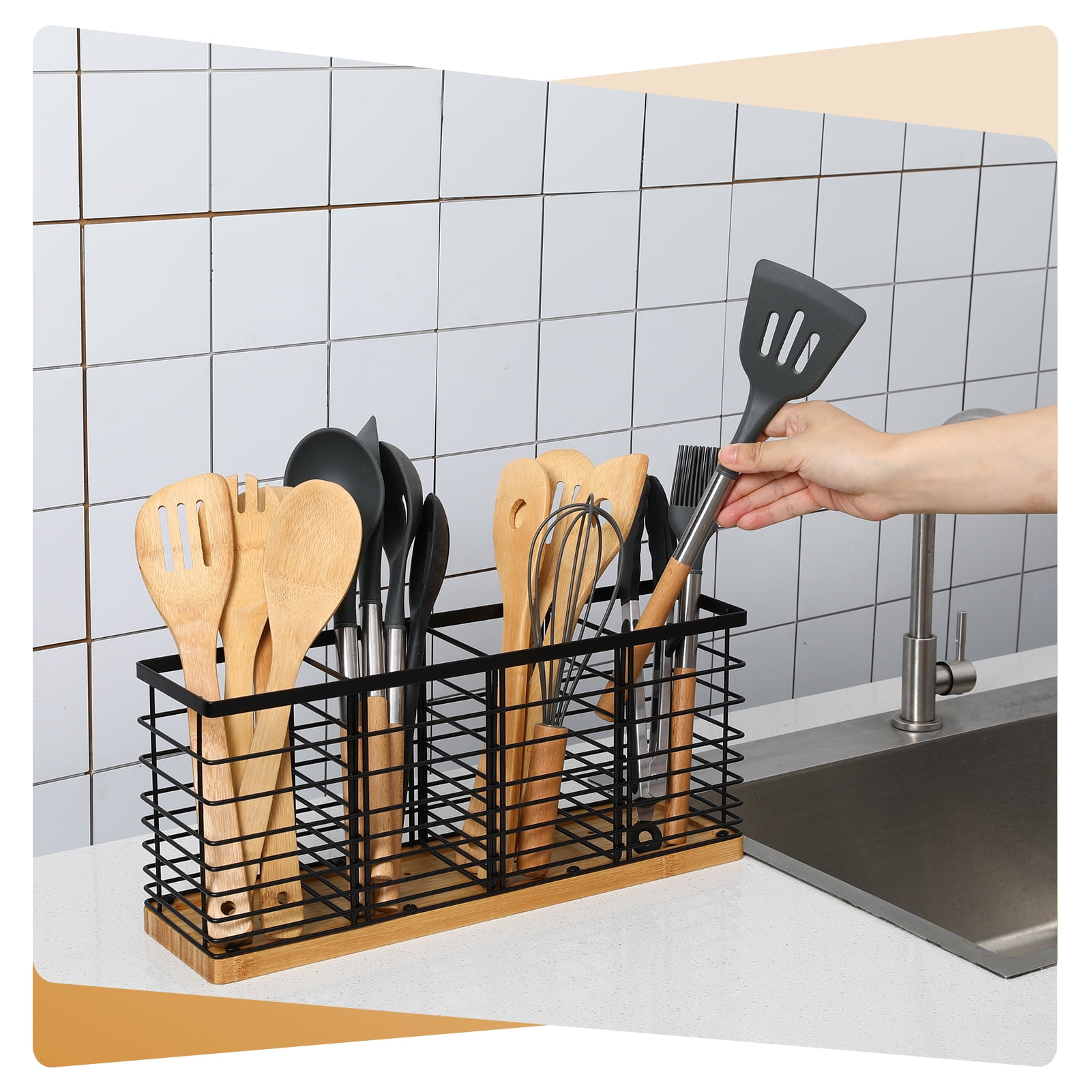 Bocaoying Utensil Holder for Kitchen Counter, Extra Large Kitchen Utensil Holder with 4 Compartments, Matte Black Metal Cooking Utensil Organizer with Wooden Base for Kitchen Countertop