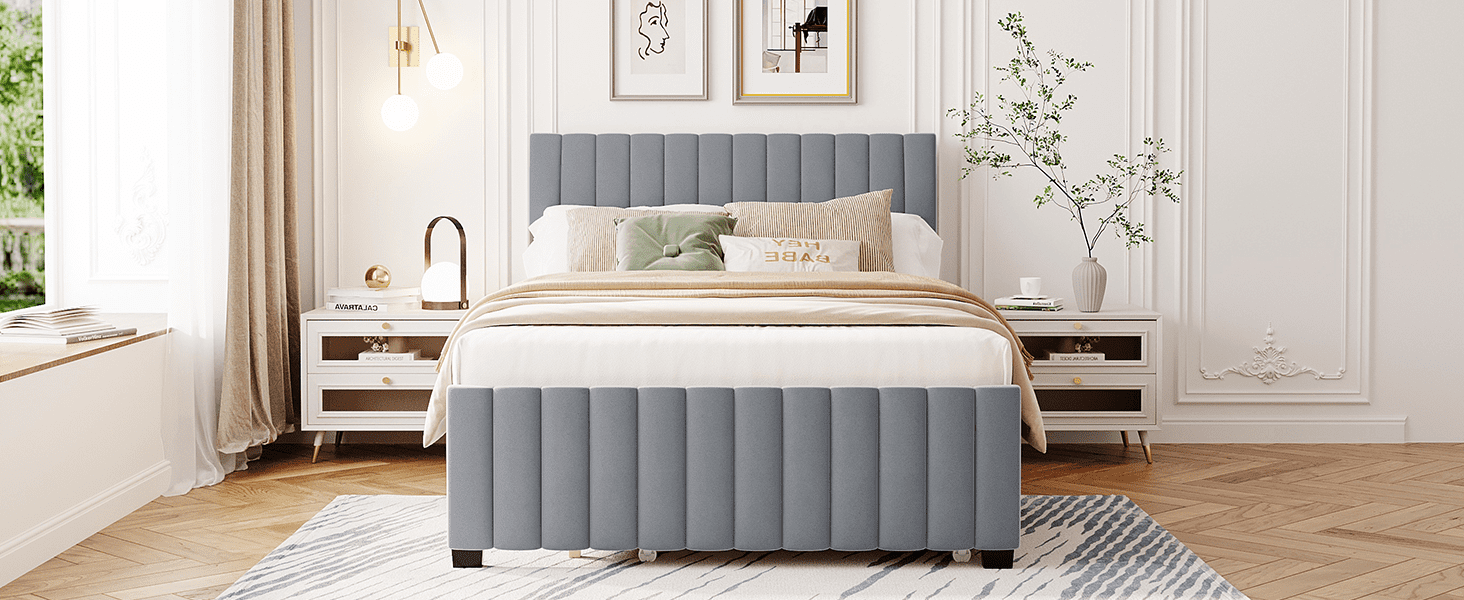 Noble House Full Size Velvet Upholstered Platform Bed with Twin Size Trundle, Gray
