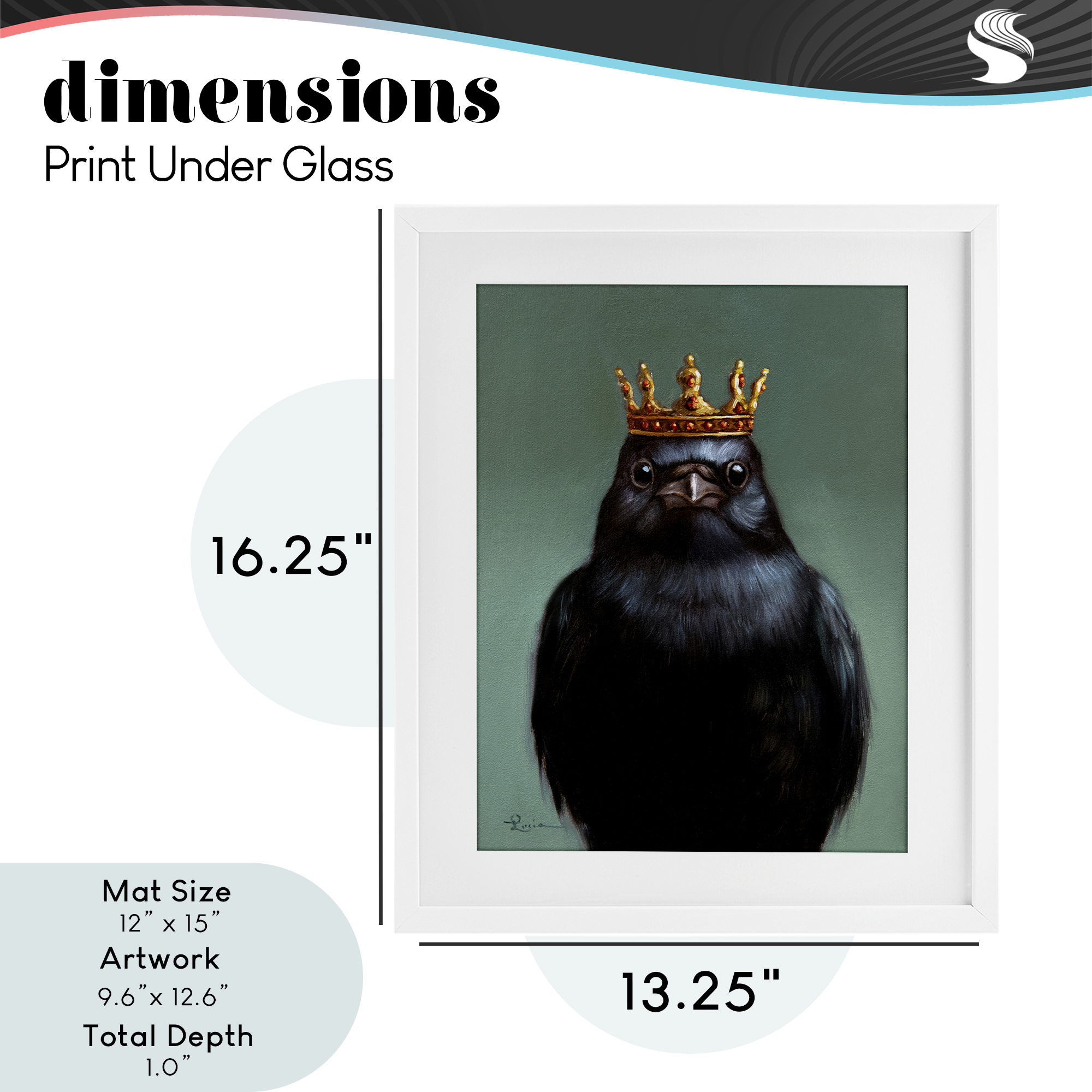 King Crow Portrait White Framed Print Under Glass, design by Lucia Heffernan