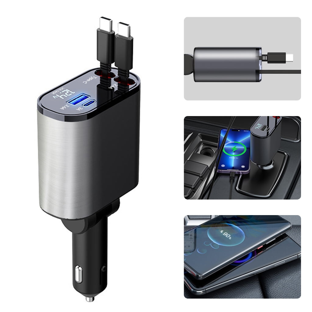 Retractable Cable 2 USB C Car Charging with Retractable Wire and Safe Charging