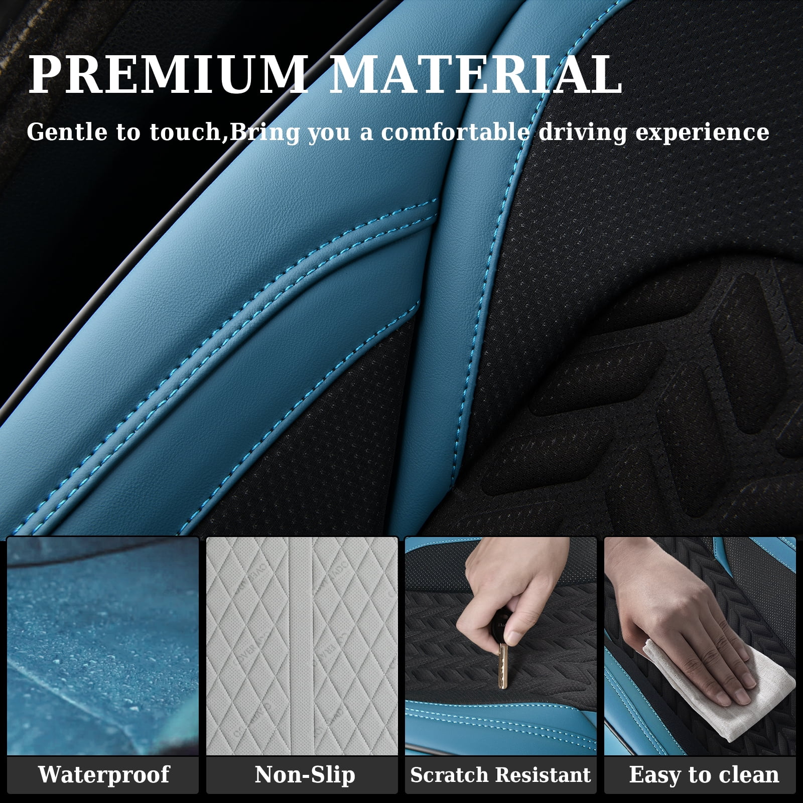 Coverado Black&Blue Car Seat Covers Full Set, Faux Leather Seat Protectors with Embossed Grains, Front and Back Auto Cushions Universal Fit Most Cars, Sedans, SUVs and Trucks