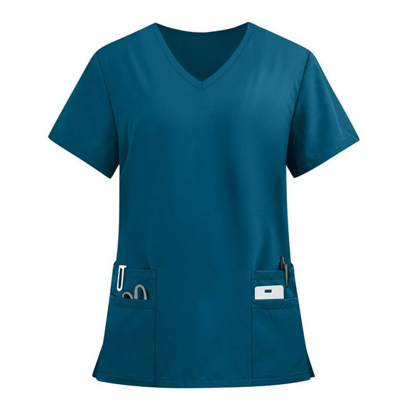 Hearthz Scrub Tops Women Stretchy Print V-Neck Short Sleeve Women Shirts Casual Nursing Tops Scrubs with Pocket