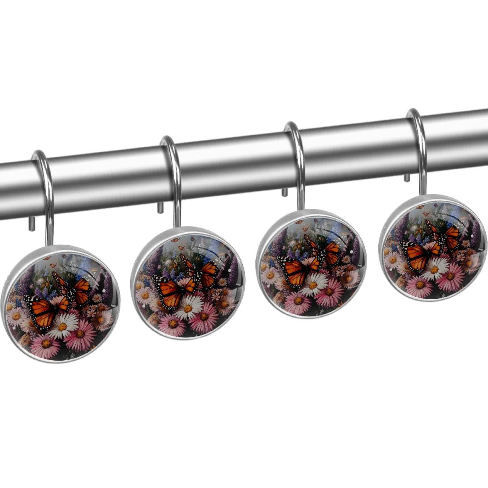 Butterfly Daisy Flowers Shower Curtain Hooks Round Crystal Glass, Set of 12 Shower Curtain Rings - Shower Hooks for Curtain Shower Rings