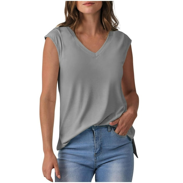 Besolor Summer Shirts for Women 2025 V Neck Cap Sleeve Tank Tops Casual Split Solid Color Basic Blouse Tees