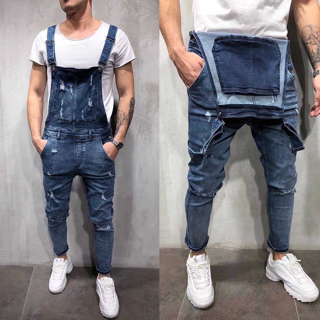 Men's Overall Jumpsuit Holes Ripped Denim Jeans Distressed Broken Pocket Casual Trousers Suspender Pants 