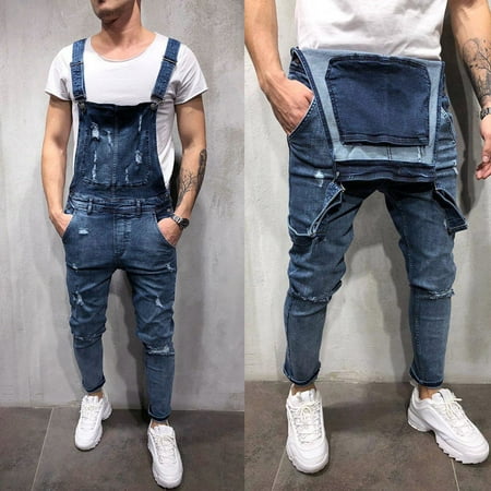 

TANGNADE Trousers Broken Wash Men s Casual Jumpsuit Overall Pants Jeans Suspender Pocket Men s pants