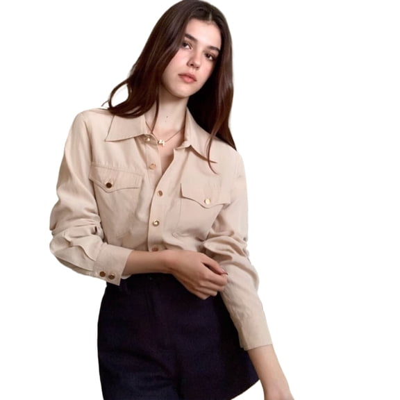 American-style vintage women's tencel long-sleeved shirt with polo collar and loose pocket design
