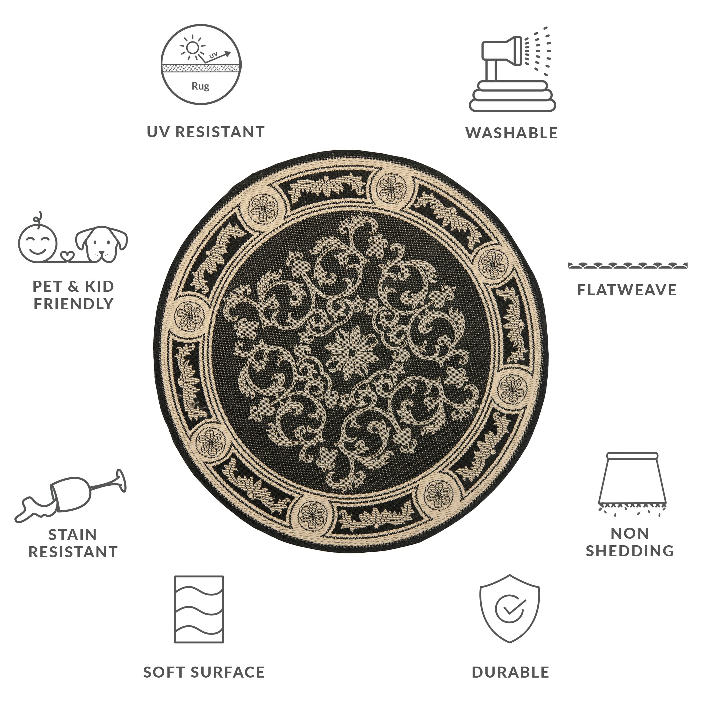 Safavieh Courtyard Cynthia Oriental Indoor/Outdoor Area Rug, Black/Sand, 6'7" x 6'7" Round