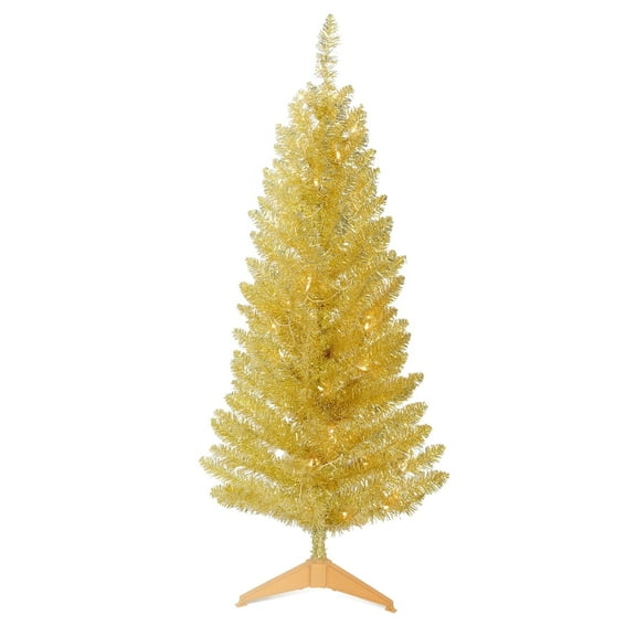 Bringstar 4FT Gold Artificial Christmas Tree with 50 String Lights, Mini Tinsel Tree, Not Pre-Lit, for Home & Office Holiday Décor