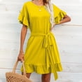 thumbnail image 2 of Kmdttou Womens Casual Short Sleeve Summer Waist Tie Double Layer Ruffle V-Neck Bandage Tunic Solid Dress,Women's Long Dresses Flowy Maxi for Beach, 2 of 4