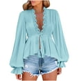 thumbnail image 1 of Blouse à Manches Longues Col en V pour Femmes, Dentelle & Ourlet à Volants à Cordon Tops Chic Décontractés, 1 of 9