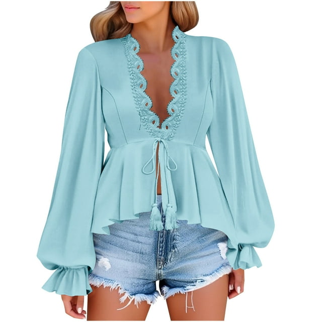 Women's Long Sleeve V Neck Blouse, Lace Splicing & Drawstring Ruffle Hem Casual Chic Tops