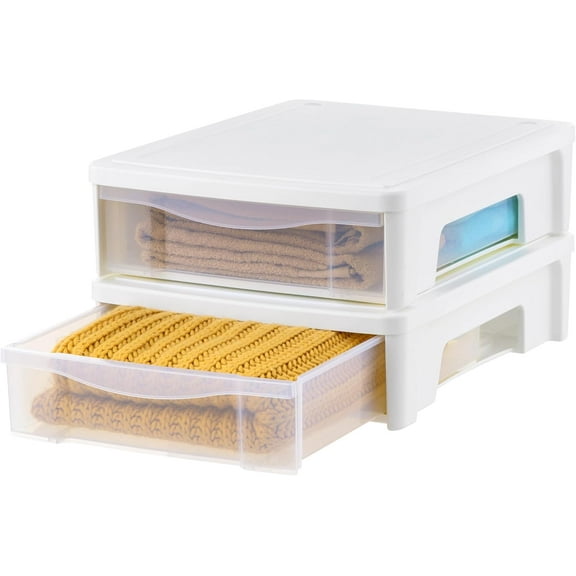 IRIS USA 22 Qt Underbed Storage Stackable Organizer Bin Container with Sliding Drawer, 2 Pack, White