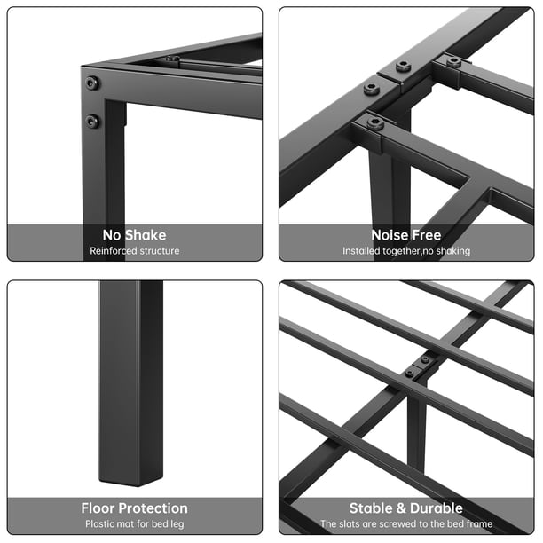 Base de Cama Metálica– Cama Plataforma sin Resorte, Rieles de Acero, Almacenamiento Debajo de la Cama, Silenciosa, Fácil de Armar, Color Negro