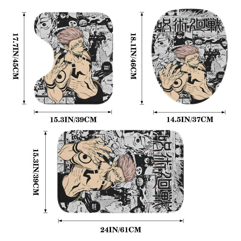 Lheaggik Anime Jujutsu Kaisen 4 Pcs Bathroom Sets with Shower Curtain and Rugs, Waterproof Polyester Shower Curtain Sets with Hooks