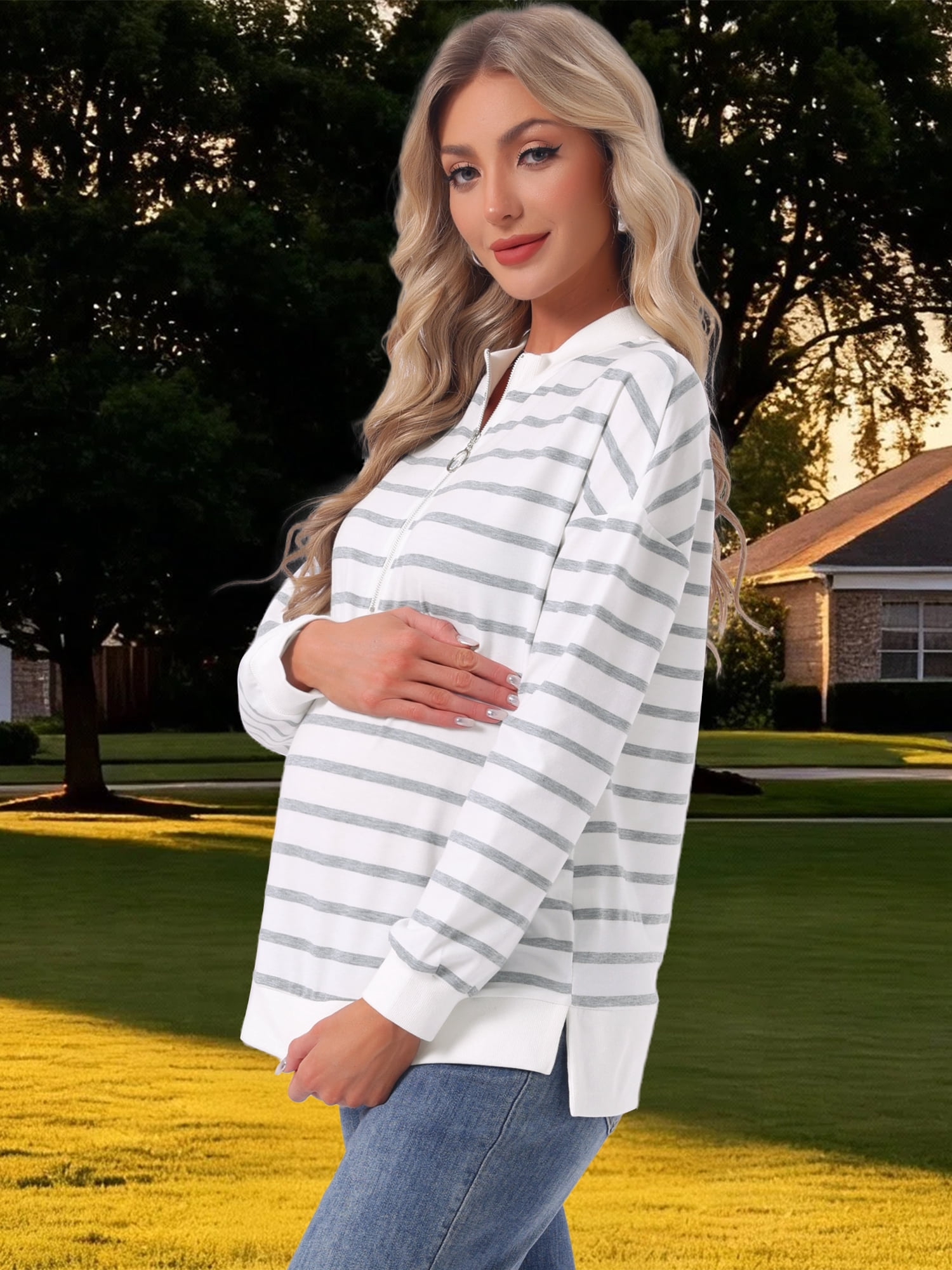 DARING DIVA Women's Maternity Mock Neck Long Sleeve Half Zip Sweatshirt S Grey Stripe