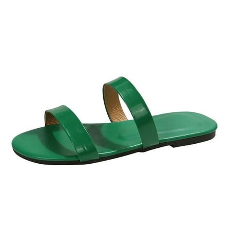 

Dyfzdhu Ladies Fashion Summer Solid Color Leather Round Head Open Toe Flat Casual Beach Slippers