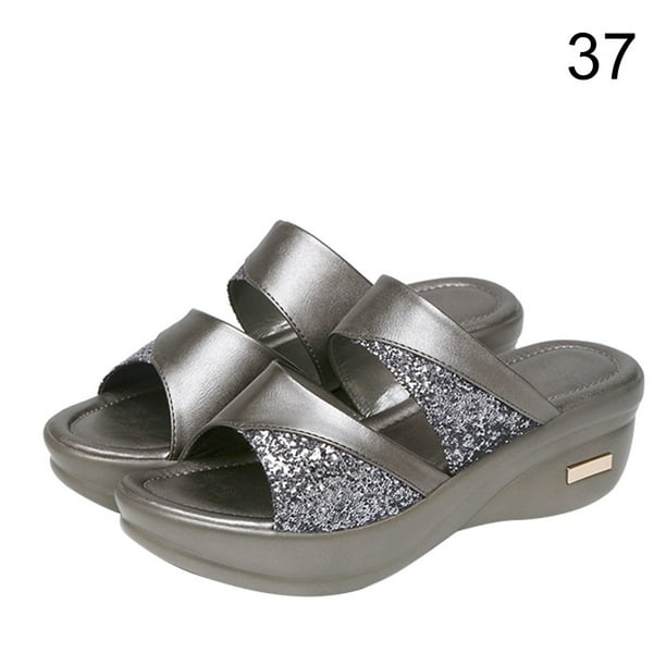 Sandalias de cuña de tacón grueso Zapato de zapatilla de cuña de diseño de punta abierta para caminar en la playa de verano, gris, tamaño 37 Inevent AP1213-03