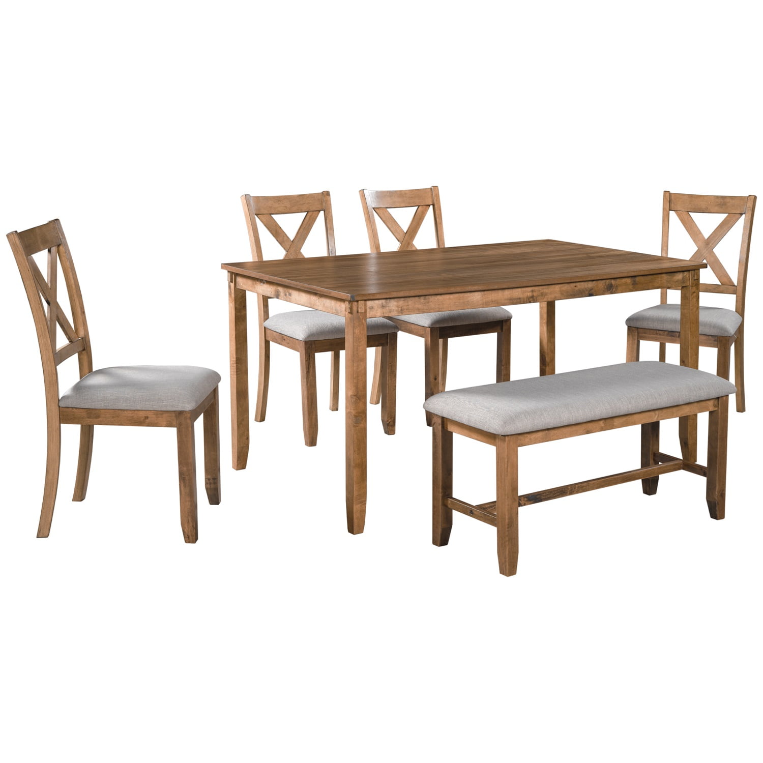 Kadyn 6-Piece Kitchen Dining Table Set Wooden Rectangular Dining Table, 4 Fabric Chairs and Bench Family Furniture (Natural Cherry)