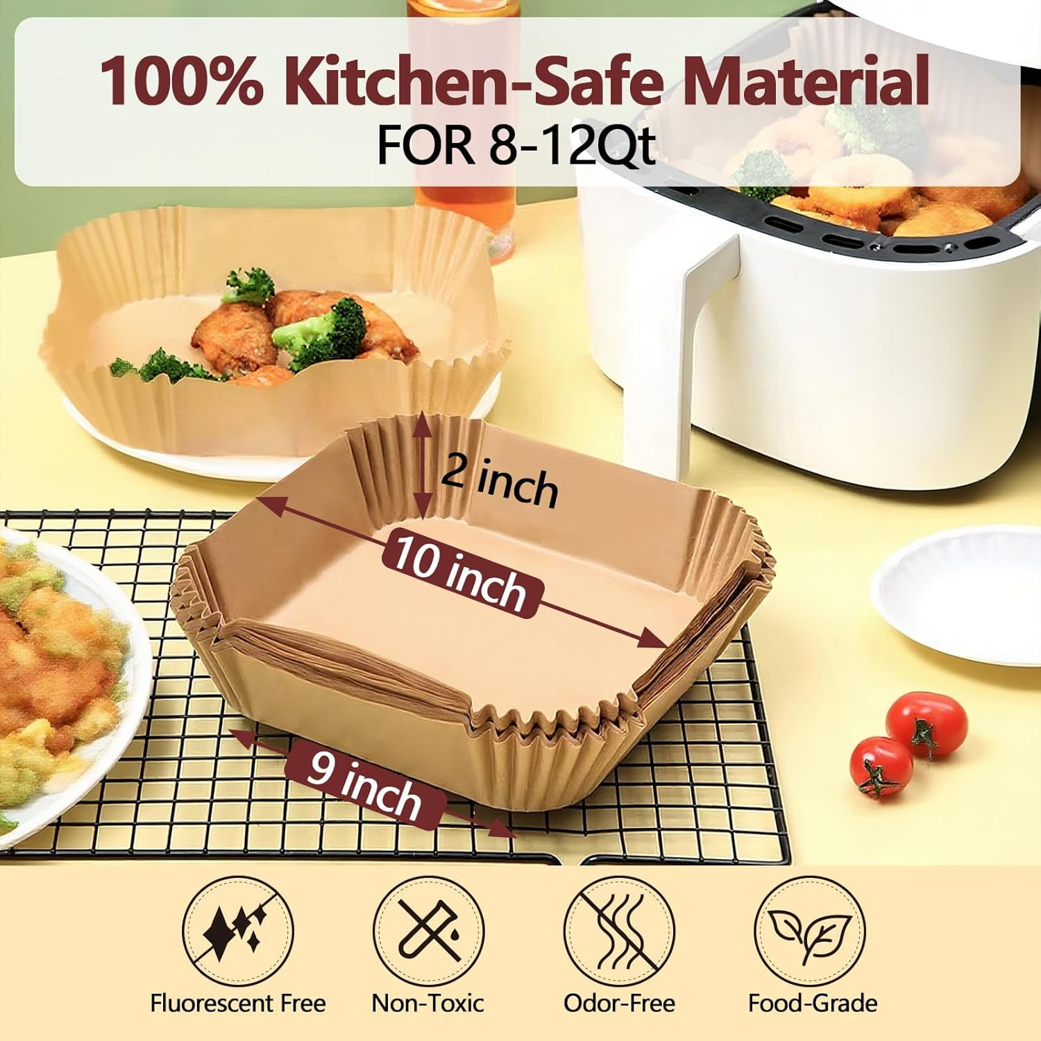 10 Inch Air Fryer Liners Disposable-150PCS Square Parchment Paper Liners,Heat Resistant & Non-Stick,Unbleached Liners for Air Fryer,Oven,Roasting,Baking,Microwave（Bottom is 9 Inch）