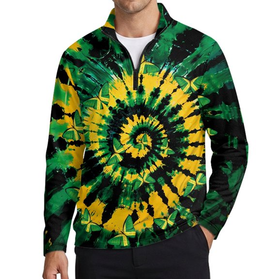 Chririnla Swirl Tie-dye Mens Polo Shirts Long Sleeve Polo Shirt Fashion Collared Casual Golf Shirts 2XL