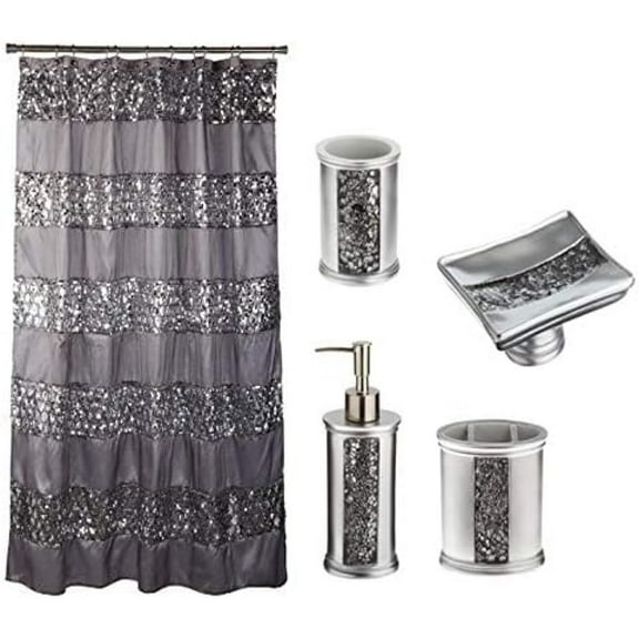 Bilot 5 Piece Sinatra Silver Shower Curtain and Resin Bath Accessory Set