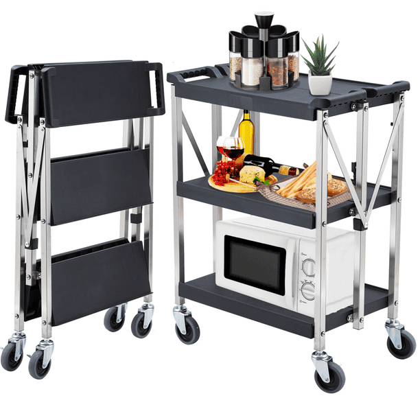 Carrito de servicio plegable portátil, 3 niveles, capacidad hasta 330 lb, carrito con ruedas plegable y desplegable