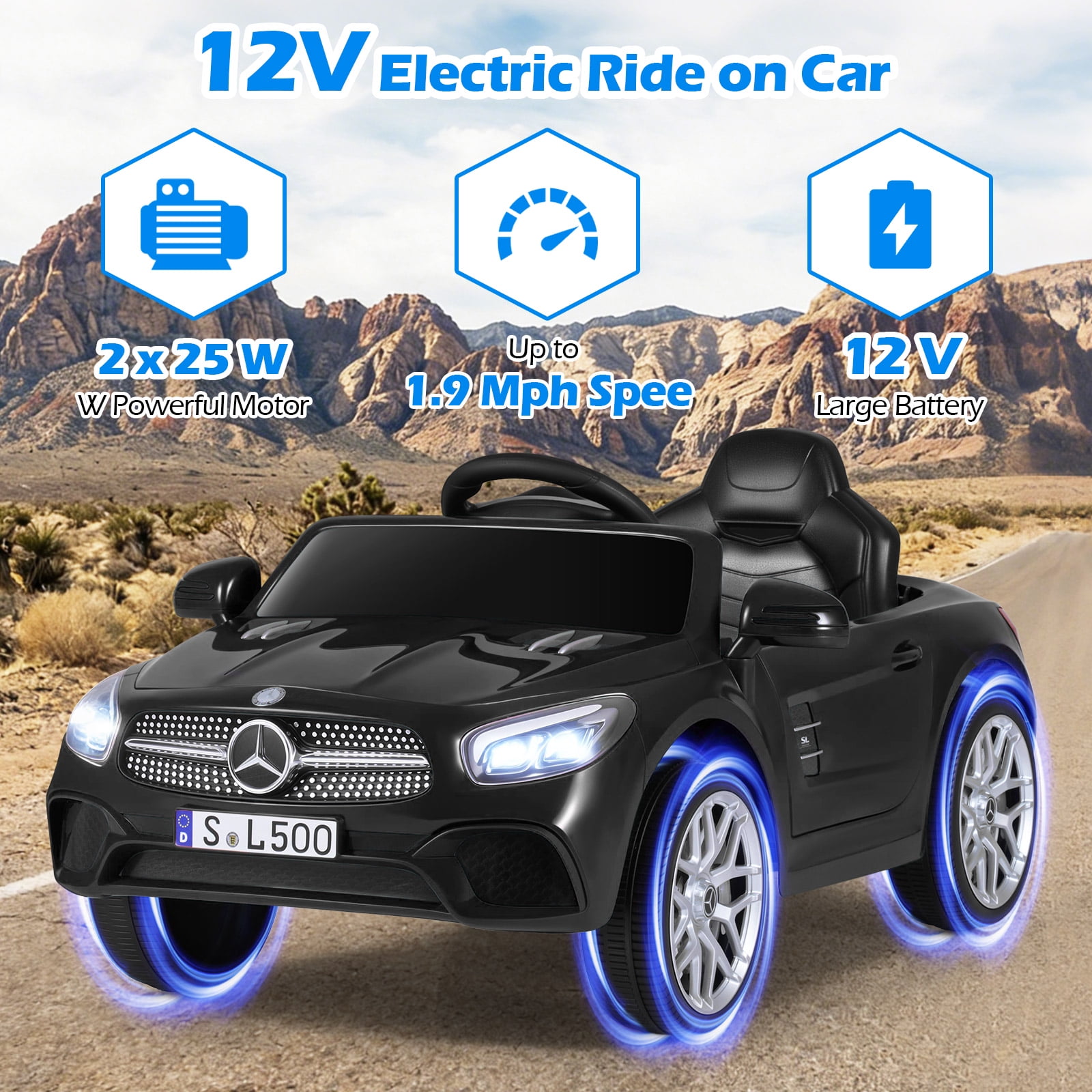 OLAKIDS 12V Electric Kids Ride On Car, Licensed Mercedes Benz SL500 Toy Car with Remote Control, MP3 Plug, USB, 2 Speeds, LED Lights, Battery Powered Toy Vehicle for Toddler Children (Black)