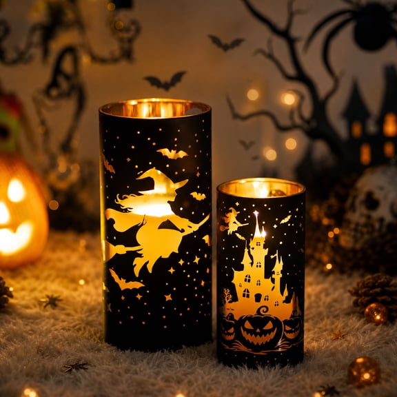 Glasseam Set of 2 Halloween Black Candle Holders, Hurricane Glass with Witch Castle Gold Cutouts Cylinder for Pillar Mercury Floating Candles Centerpieces Table Decor